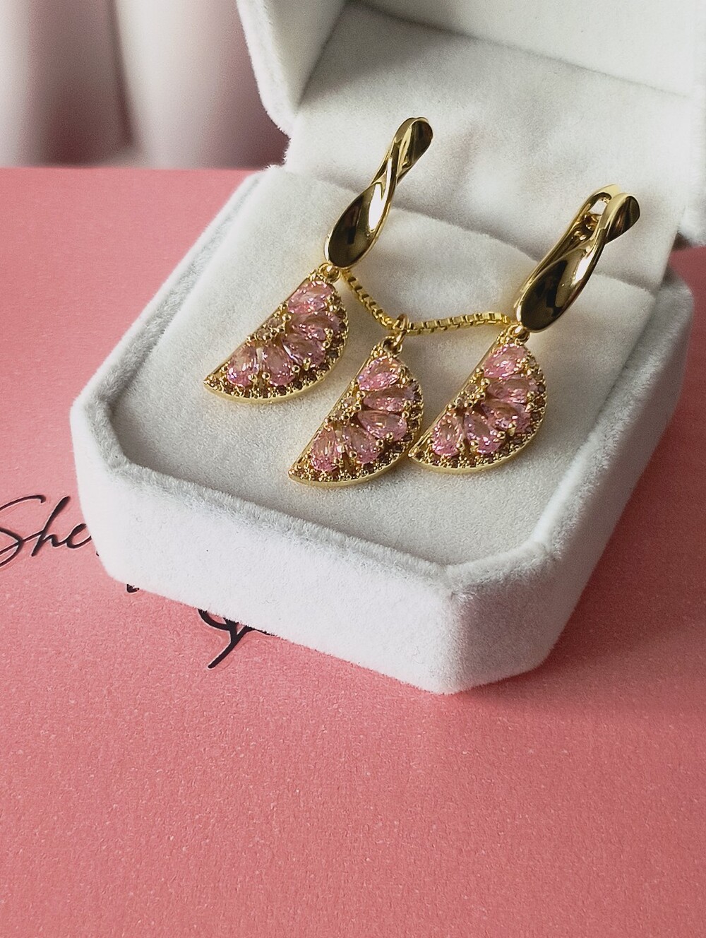 White Roses & Sherry 18k Gold Filled Pink CZ Grapefruit Jewelry Set